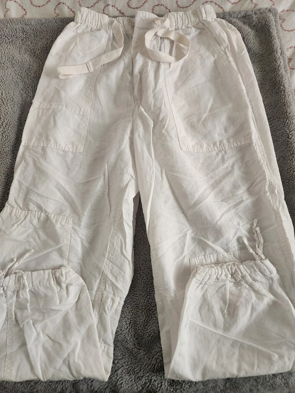 White Drawstring Linen Blend Pants